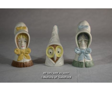 Three Royal Worcester candle snuffers: Owl, Young Girl and Old Woman, printed black marks.