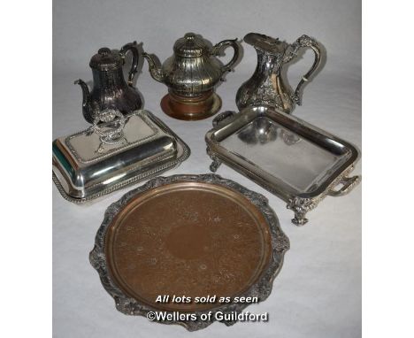 Silver plated wares including entree dish, teapot, coffee pots, coaster and circular tray.