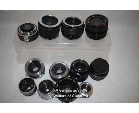 12 x mixed small camera lenses including Vivitar 2x micro focusing teleconverter, Chinon, Miranda, Olympus and Braun
