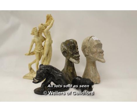 Two African carved hardstone portrait busts, 19cm; carved soapstone warthog and hippopotamus; resin figuregroup  (5)