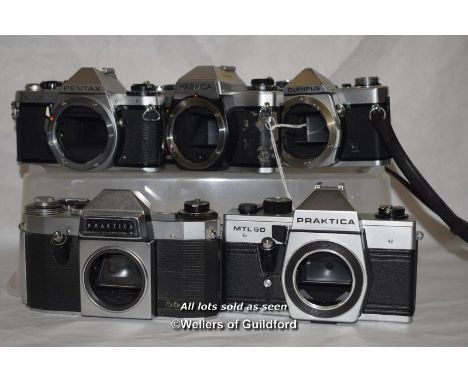 5 x vintage camera body units including Yashica FX-D, Olympus OM 2 , Pracktica Nova B, Praktica MTL 50 and Pentax ME Super