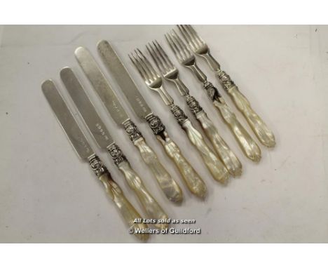 *VICTORIAN SOLID STERLING SILVER AND MOTHER OF PEARL TEA KNIFE / FORK SET 1859 [LQD79](LOT SUBJECT TO VAT)