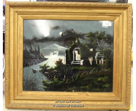 *VINTAGE REVERSE PAINTING ON GLASS INSET MOTHER OF PEARL WATERS EDGE MOONLIGHT [LQD79](LOT SUBJECT TO VAT)