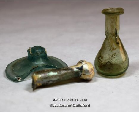 Roman glass: two tear drop vials and a broken item. Provenance: vendor's father acquired these in Cyprus