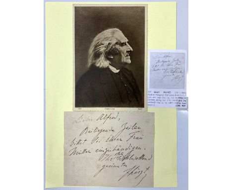 A page with a handwritten note in German with signature by Austrian-Hungarian composter Franz Liszt. Signed page measures 12.
