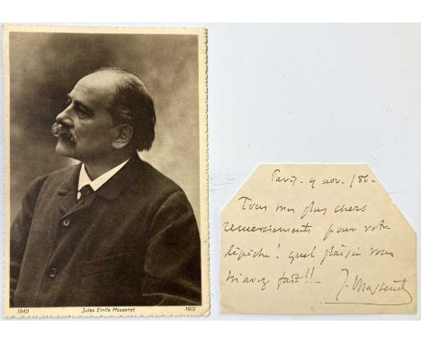 An irregularly-shaped cutting (backed to paper) with handwriting and signature by Jules Emile Massenet. Also with original vi