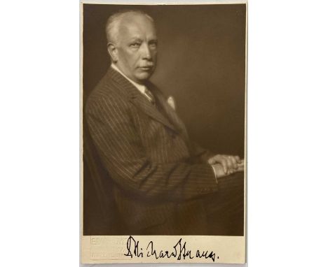 A vintage German postcard (8.3 x 13.2cm) depicting Richard Strauss, signed to lower border in black ink by Strauss. Postcard 