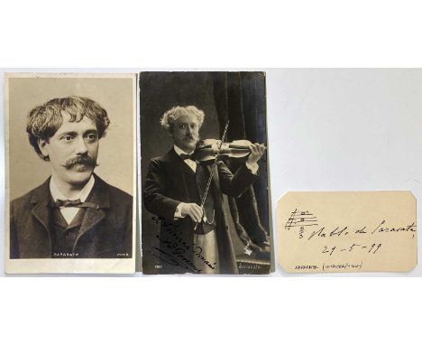 To include: cutting bearing a notation, date (1899) and signature by Pablo De Sarasate, an unsigned vintage postcard depictin
