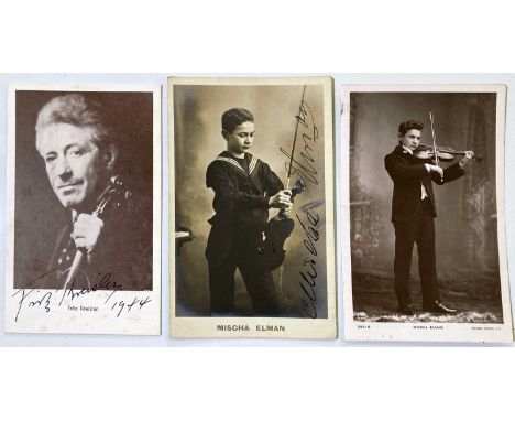 Three vintage postcards, one bearing signature by Fritz Kreisler, one bearing signature by Mischa Elman and one unsigned exam