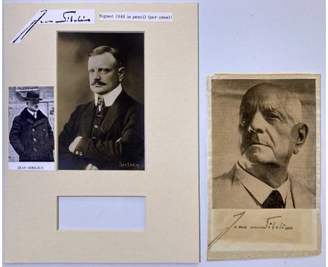 A page bearing a signature in pencil by Finnish composer Jean Suibelius. With a newspaper image of Sibelius pasted above the 