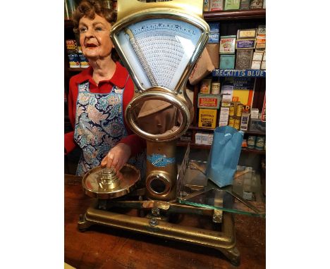 Britain in the Blitz Shop scales  A good set of Brass and Iron scales by "Automatic Scale Co. Ltd" to weigh up to 20lbs H70 c