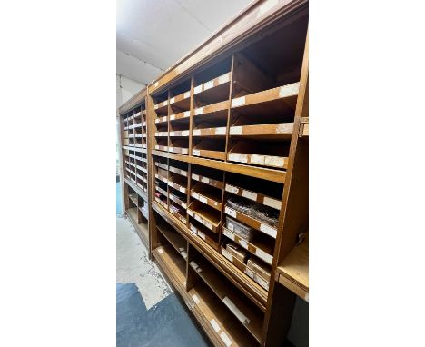 Outfitter's Cabinets  Two bays of light oak fittings with numerous trays each HxWxD 205x160x55cm.Buyer to dismantle & remove 