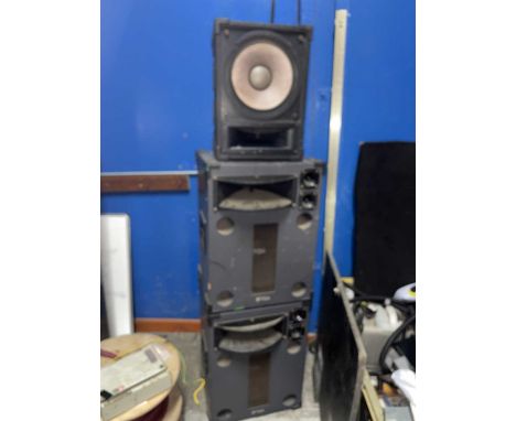 Outside Stage Equipment. A large quantity of stage equipment comprising 12 large speakers, lighting tower, a quantity of stag