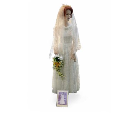Flambards Bridal Collection Wedding dress, 1958  The wedding dress of Miss Rosemary Houghton, a full skirted dress overlaid w