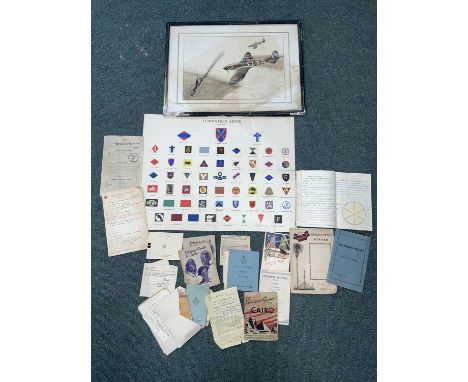 Entrance WWII Ephemera. A collection of WWII ephemera to include an original watercolour of a Spitfire in action signed &amp;