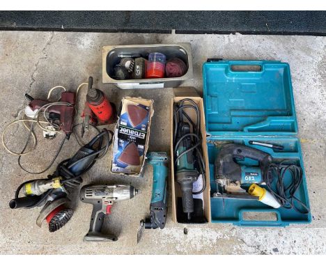 Outside Workshop Tools. Asorted tools to include a Makita Jigsaw, Makita die grinder &amp; cordless multi-tool cutter, Bosch 