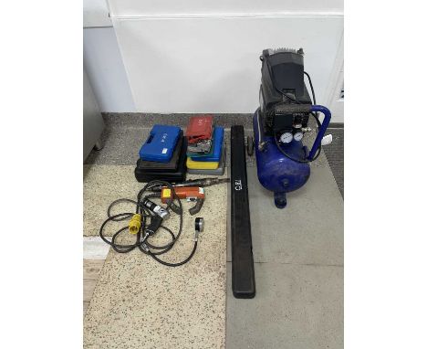 Outside Workshop Tools. Assorted tools to include an Orbitor air compressor, air needle gun &amp; other air tools, solder gun