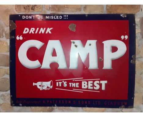 Exhibition Hall Enamel advertising sign  DRINK "CAMP" an enamel signSale proprietor R Paterson & Sons, Glasgow, 76cm x 102cm.