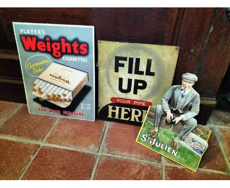 Entrance Advertising "ST JULIEN" a fold out card advertising sign 32H cm together with a "Weights" card sign and a tin "Fill 