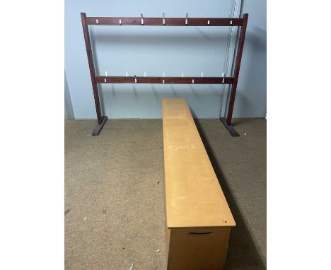 Outside Coat Rack & Tables A free-standing wooden coat rack, HxL 162x216, a wooden bench, HxLxW 47x244x38 &amp; 2 pine tables