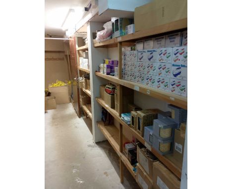 Flambards Stock One length of shelving of new shop stock Including campervan-related items, Shruti ceramic plant pots, Bamboo