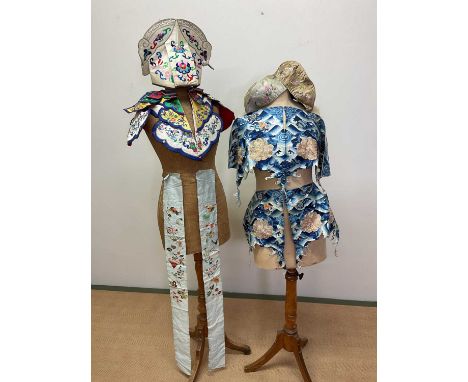 A vintage Chinese embroidered silk collar and hat, also blue and gold embroidered panels, embroidered hats and other items