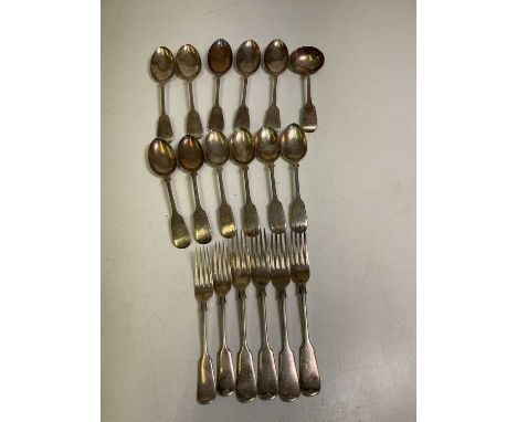 JOHN ROUND &amp; SON LTD; a part canteen of late Victorian hallmarked silver Fiddle pattern flatware, comprising five tablesp