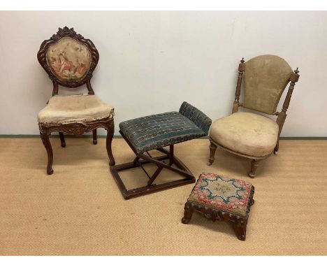 A group of 19th century furniture comprising carved mahogany footstool with tapestry panel to the top, folding gout stool wit