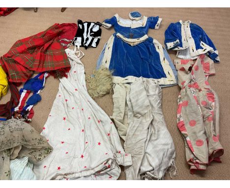 A bag of vintage textiles and accessories to include a theatrical costume, fabrics, scarves, re-worked items and accessories