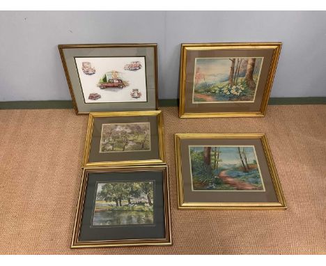 UNATTRIBUTED; five watercolours, mixed interest including a study of a vintage car and rural scenes, largest 26 x 33cm, all f