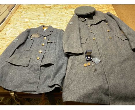 An  RAF Mess Jacket, with label to the inside, with trousers and braces, together with an overcoat, cap, and badges