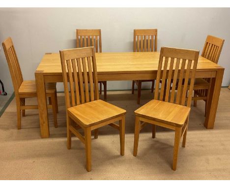 A contemporary light oak dining table and six highback chairs, table length 200cm (7)