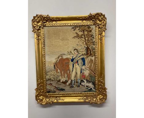 A Victorian woolwork tapestry depicting Wellington beside his horse and hound, 65 x 50cm, framed. 