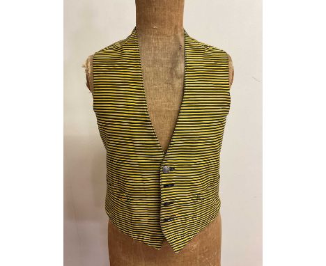 Vintage textiles, including two men's waistcoats, a striped livery waistcoat, a grey double breasted waistcoat, two sets of c