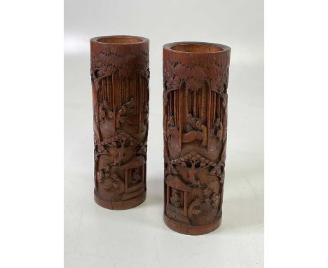 A pair of Chinese bamboo brush pots, height 32cm.