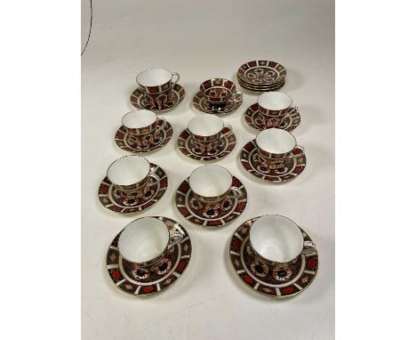 Royal Crown Derby eight teacups and saucers, one breakfast cup and saucer, one pedestal cup and saucer to include a further f