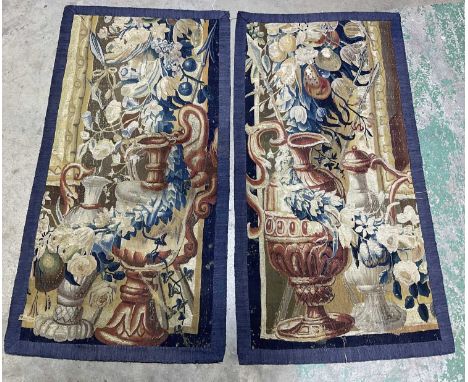 Two antique French tapestry panels, re-backed, length 124cm, width 63cm (af).