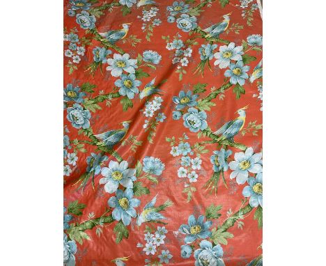 TEXTILES; a partial roll of vintage fabric, decorated with exotic birds and flowers. Approx 6m