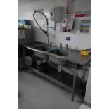 *Stainless Steel Commercial Double Bowl Sink Unit with Pot Rinse, and Undershelf 195x65cm