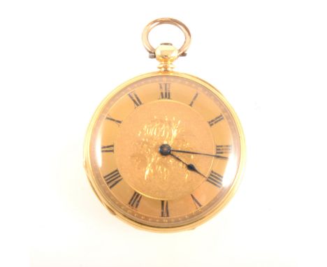 An 18K open face fob watch, 34mm gold coloured dial with roman numeral chapter ring in a 42mm engine turned and scroll engrav