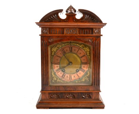 German walnut mantel clock, swan-neck pediment, brass face, Lenzkirch movement striking on a gong, 33cm