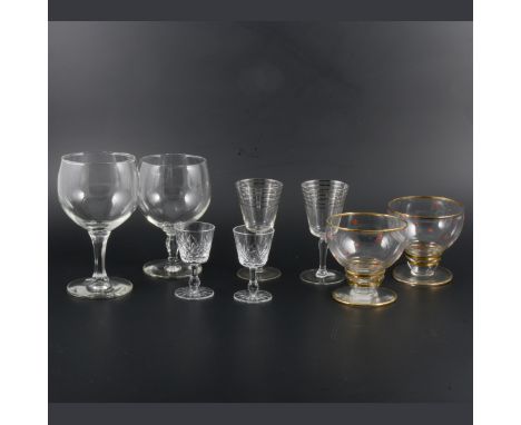 Three boxes of assorted mid-century drinking glasses and glassware, including cocktail set with shaker and six glasses with g
