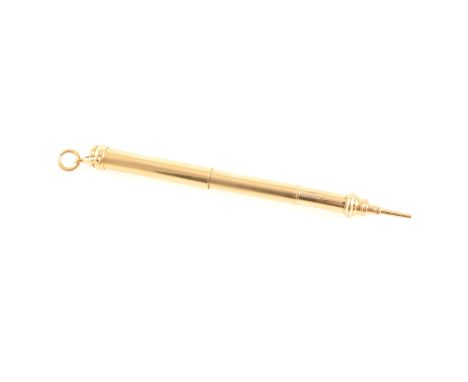 S Mordan &amp; Co retractable pencil marked 18ct, plain polished telescopic barrel, inlaid with a disc of bloodstone, bolt ri