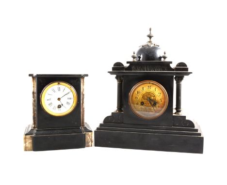 Victorian slate mantel clock, architectural form, circular dial, French cylinder movement, striking on a gong, height 38cm, a