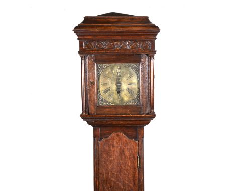 An oak grandmother size longcase clock, square brass dial, thirty-hour weight-driven movement, 152cm.