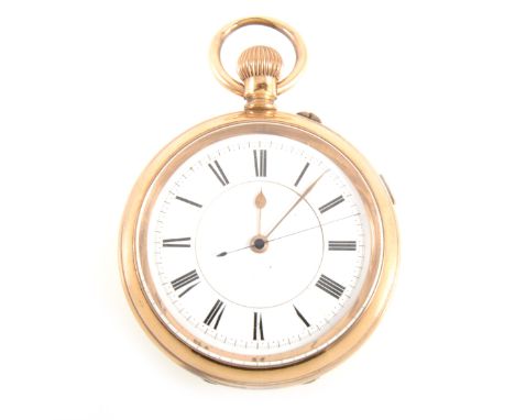 A gold-plated open face pocket watch with stop watch mechanism, circular white enamel dial with roman numeral chapter ring in