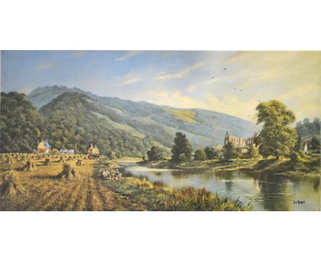 After Don Vaughan, river scene, signed limited edition colour print, 33cm x 66cm; a pair of limited edition prints of Venice,