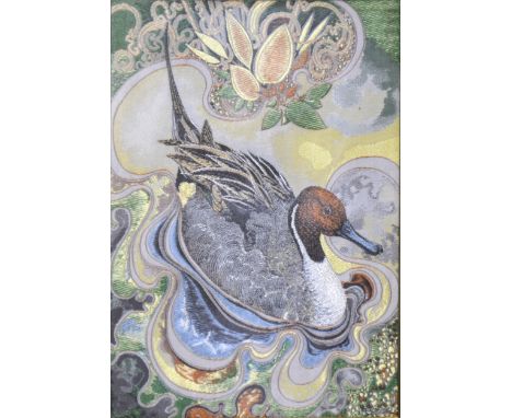 A pair of silk pictures, Great Crested Grebe and Pintail Duck, J. &amp; J. Cash Limited, Coventry, 14cm x 9cm; two Chinese si