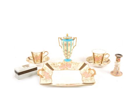 Wedgwood part tea service, pair of Crown Derby covered vases (one cover as found), Crown Derby candle-stand (as found), a Min