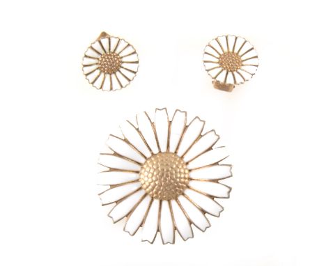 Georg Jensen - a silver gilt and white enamel daisy brooch and matching earclips, the 40mm brooch marked Georg Jensen 925S De